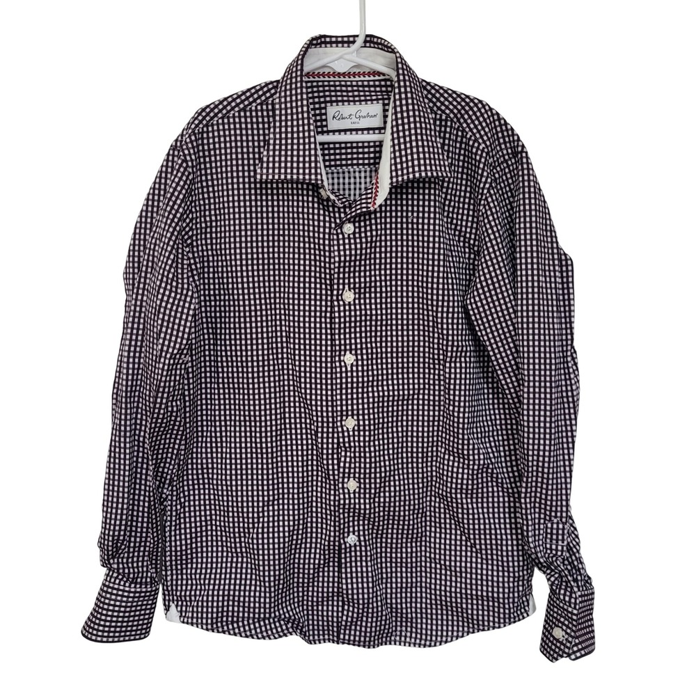 Robert Graham Boys Black White Gingham Button Down LS Shirt Size M 10-12